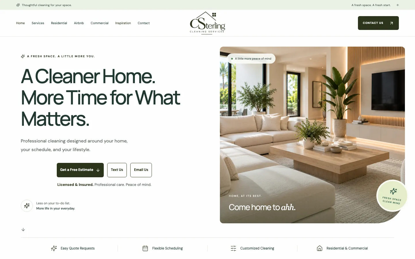 Página inicial pública da CSterling Cleaning Services, com navegação e botões de orçamento, mensagem e e-mail
